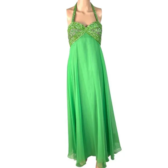 Vintage 1970's Mike Benet Formals Green Halter Beaded Evening Gown Size 7 - Picture 2 of 12